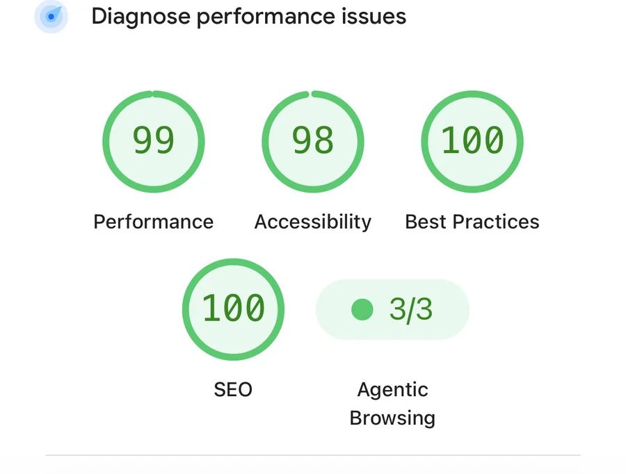 Google PageSpeed Insights scoring rekmarketing.com 99 for performance, 98 accessibility, 100 best practices, 100 SEO, and 3 of 3 for Agentic Browsing