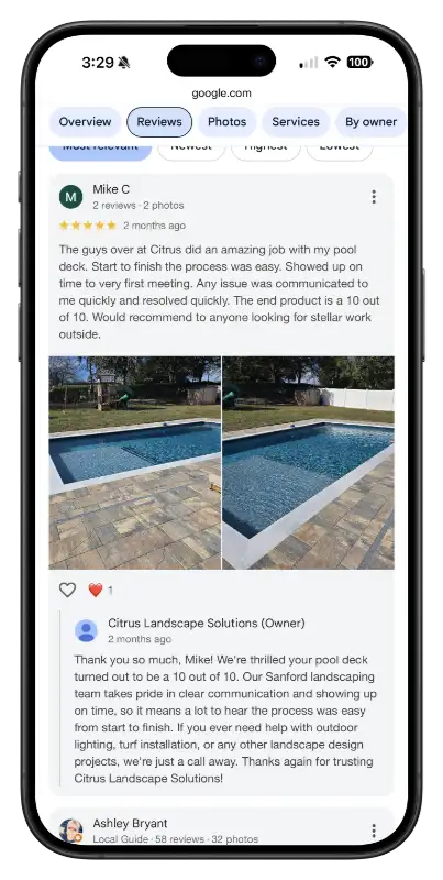 Citrus Landscape Solutions Google Business Profile review with professional owner response