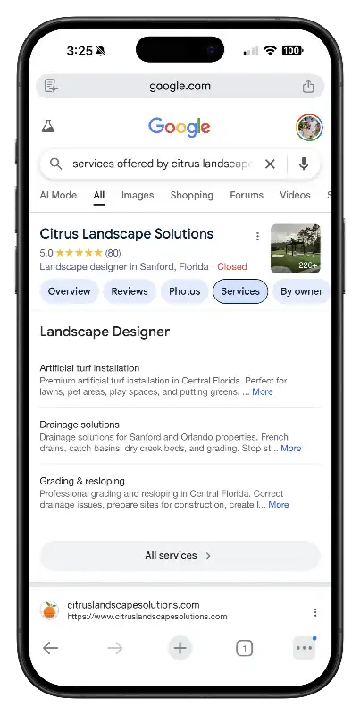 Citrus Landscape Solutions Google Business Profile services tab showing fully built out service descriptions