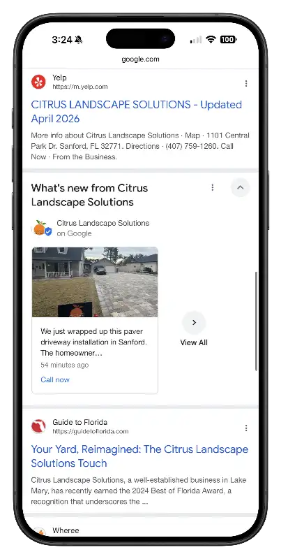 Google knowledge panel showing a Citrus Landscape Solutions post about a paver driveway installation in Sanford