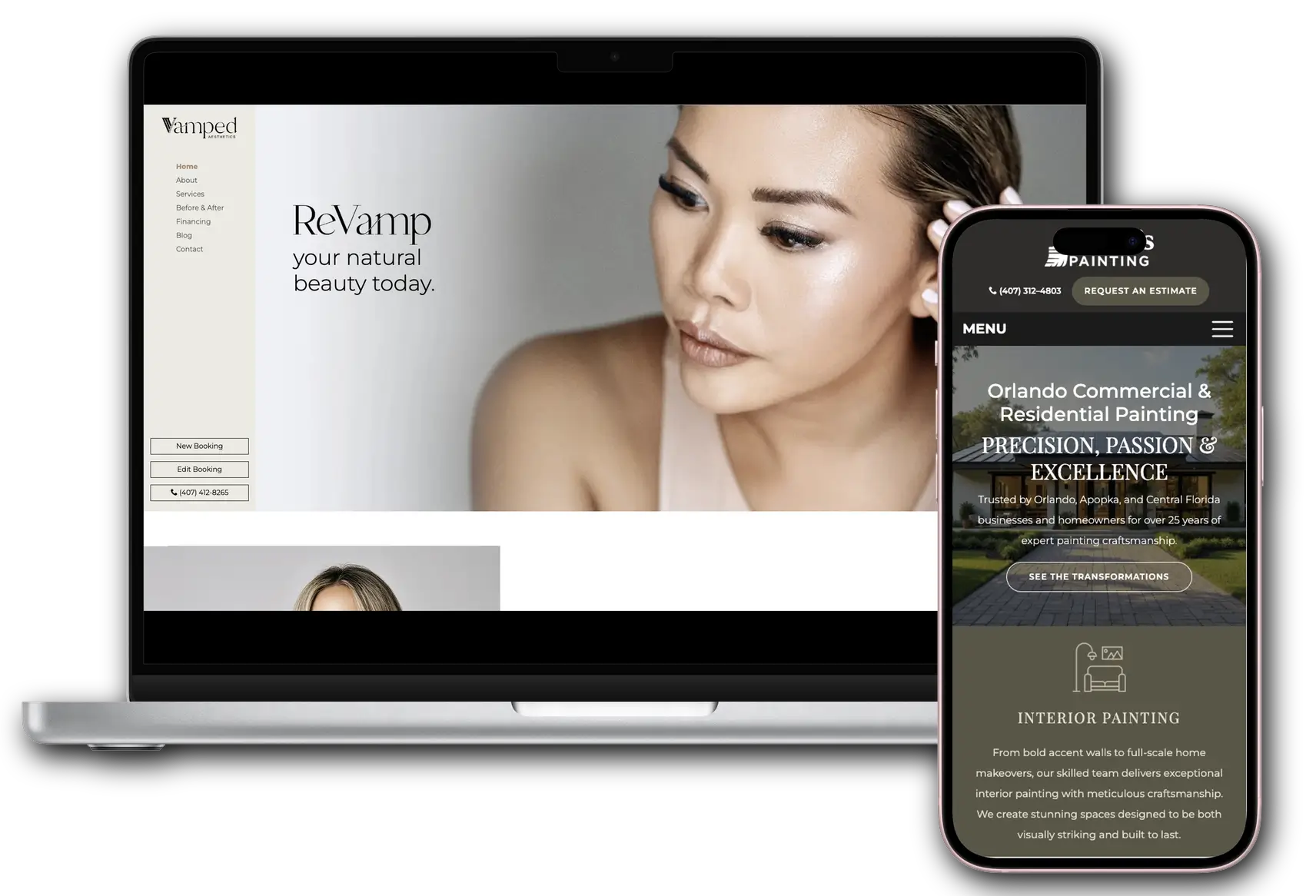 Custom websites built by REK Marketing showing desktop and mobile designs