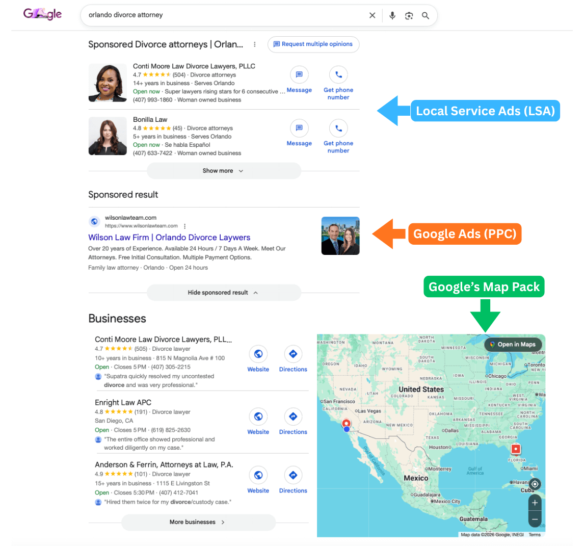 Google search results for orlando divorce attorney showing Local Service Ads at the top, Google Ads PPC in the middle, and Google Map Pack below