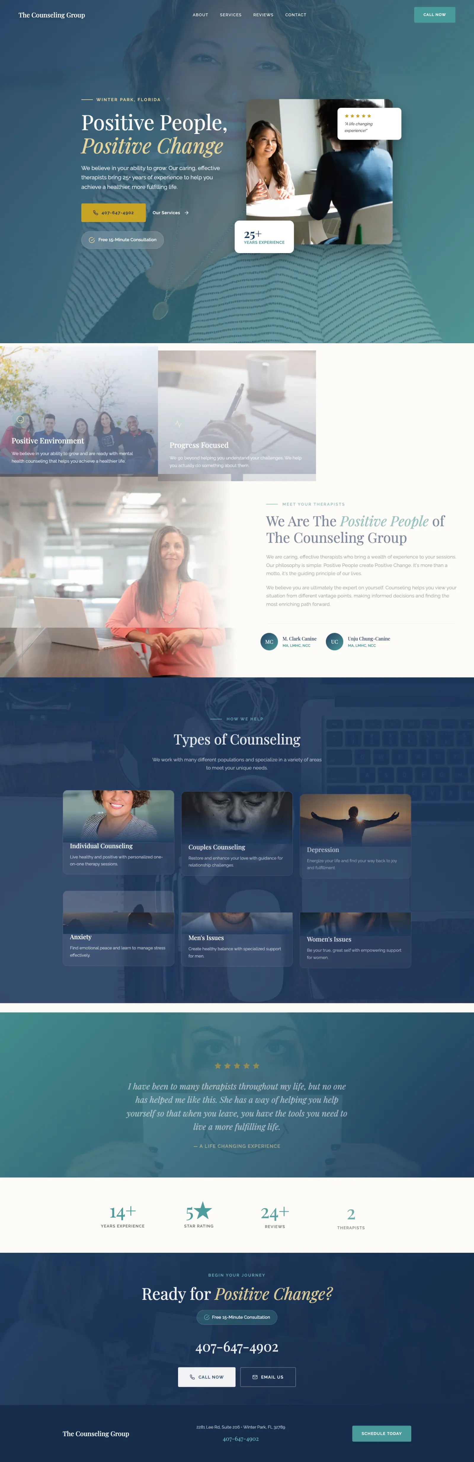 Central Florida counseling center full-page landing page design concept